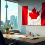 تصویر مفهومی از ویزای استارتاپ کانادا با نماد بیزینس و پرچم کانادا